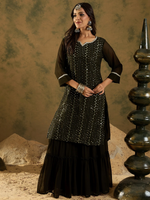 Green Embroidered Straight Kurta Sharara With Dupatta set