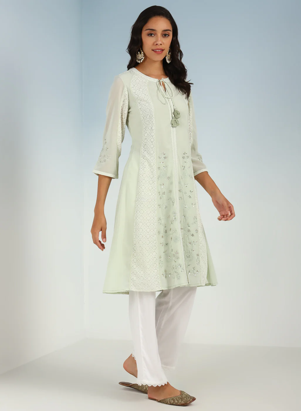 Tea Green Embroidered A-line Kurta for Women