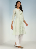 Tea Green Embroidered A-line Kurta for Women