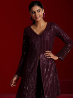 Wine Embroidered Georgette A-Line Kurta With Palazzos & Dupatta