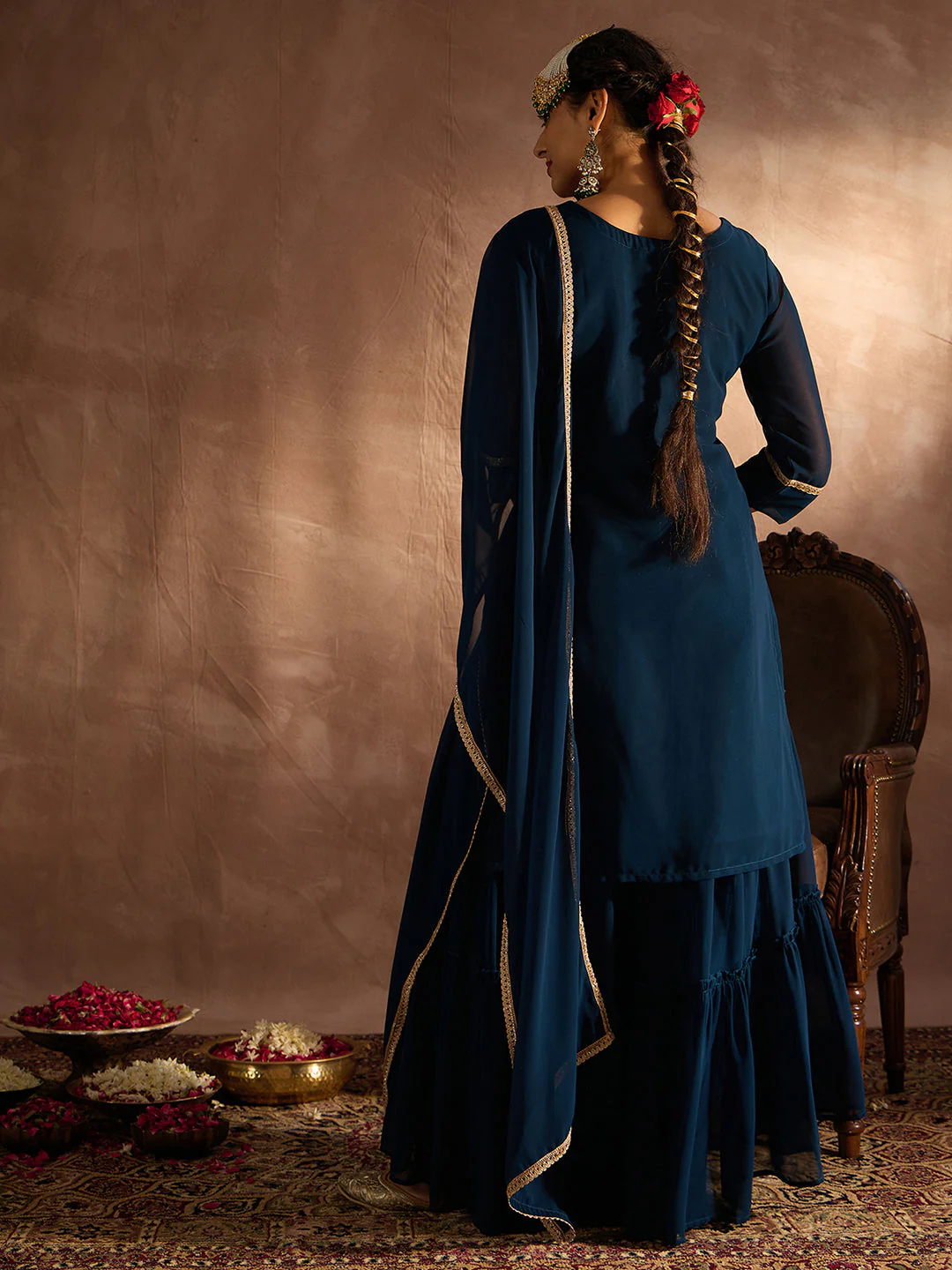 Teal Embroidered Straight Kurta Sharara set