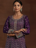 Purple Embroidered Silk Blend Straight Kurta With Palazzos & Dupatta