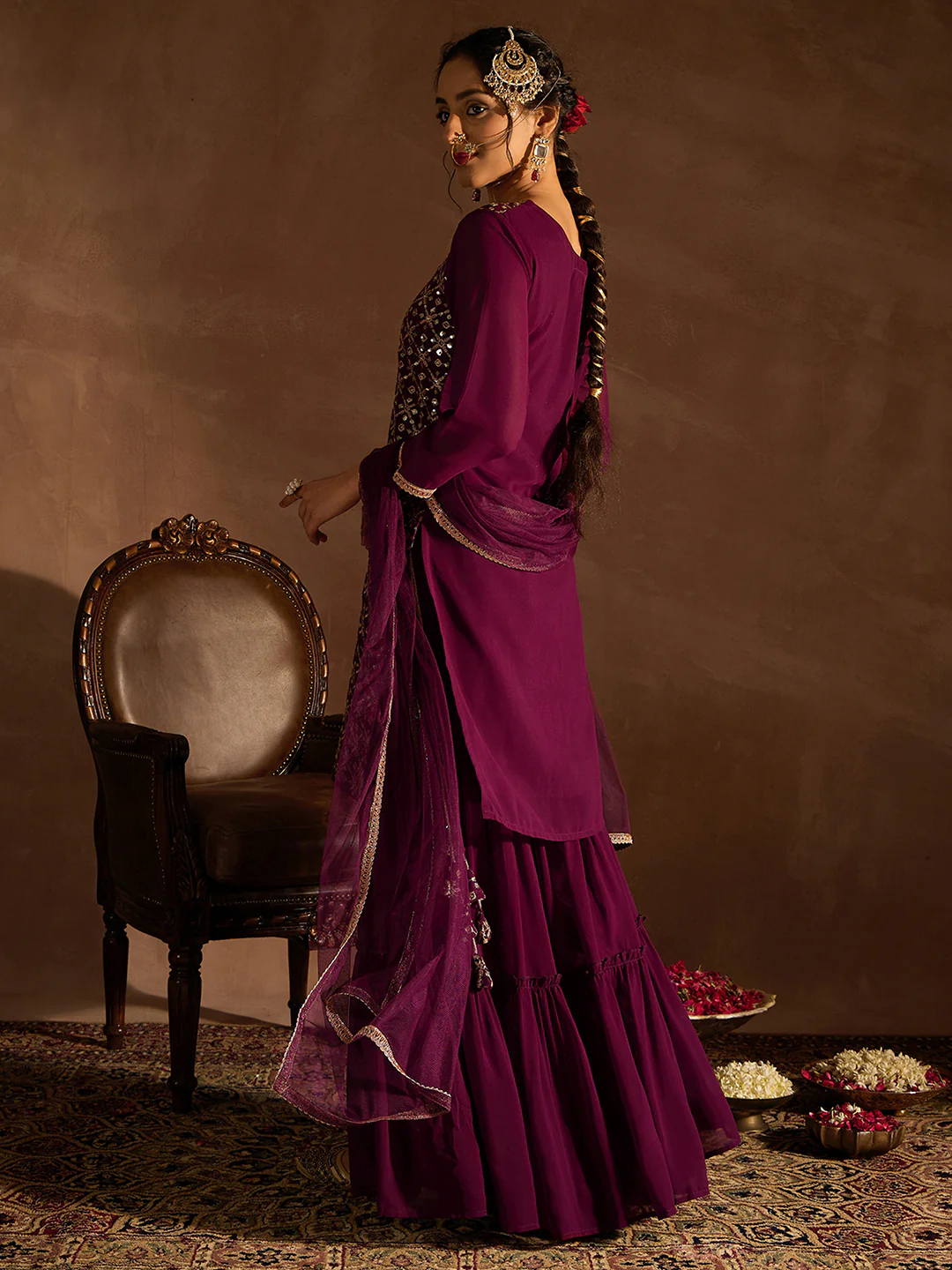 Embroidered Straight Kurta Sharara With Dupatta set