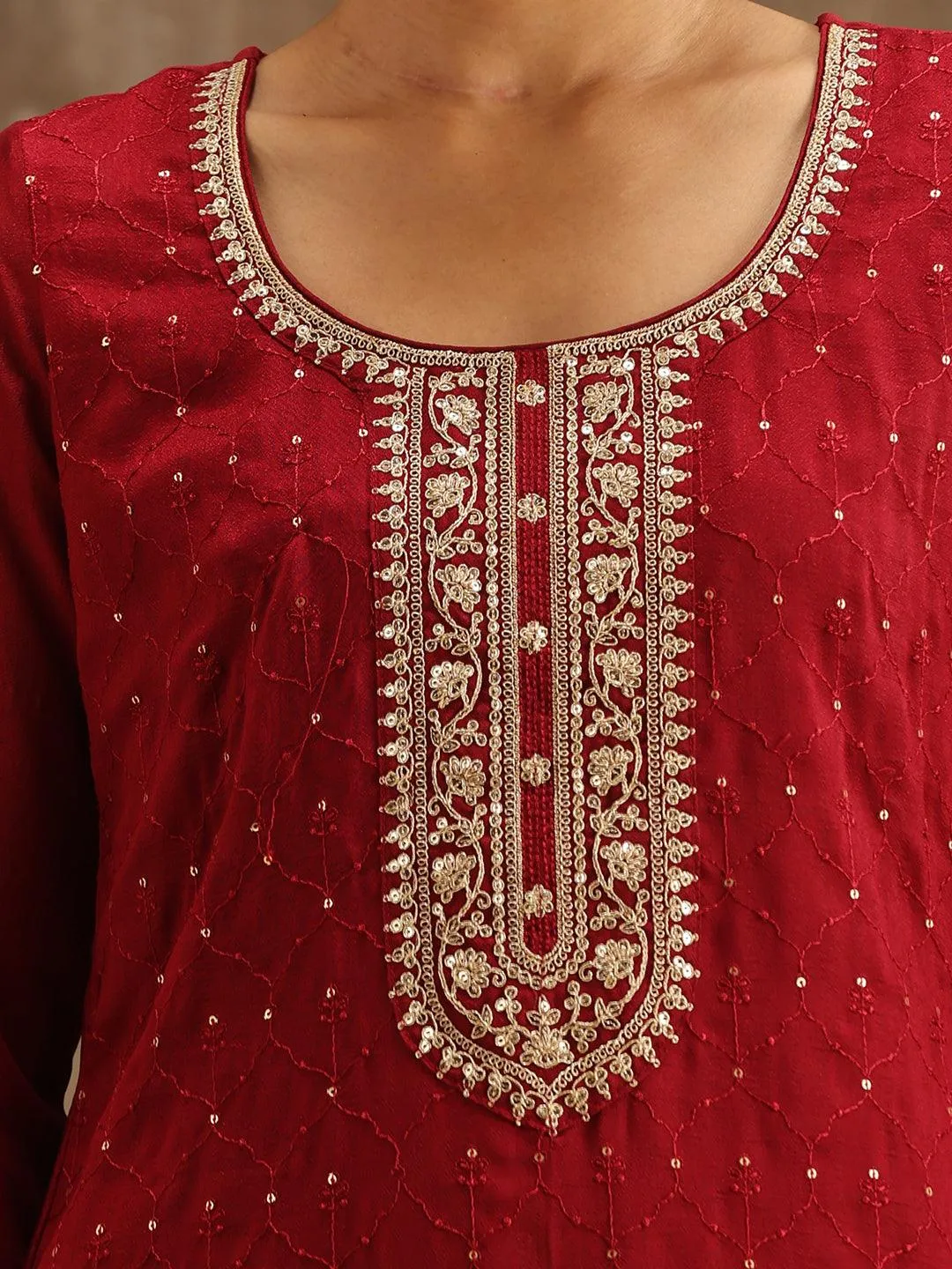 Maroon Embroidered Silk Blend Straight Kurta With Trousers & Dupatta