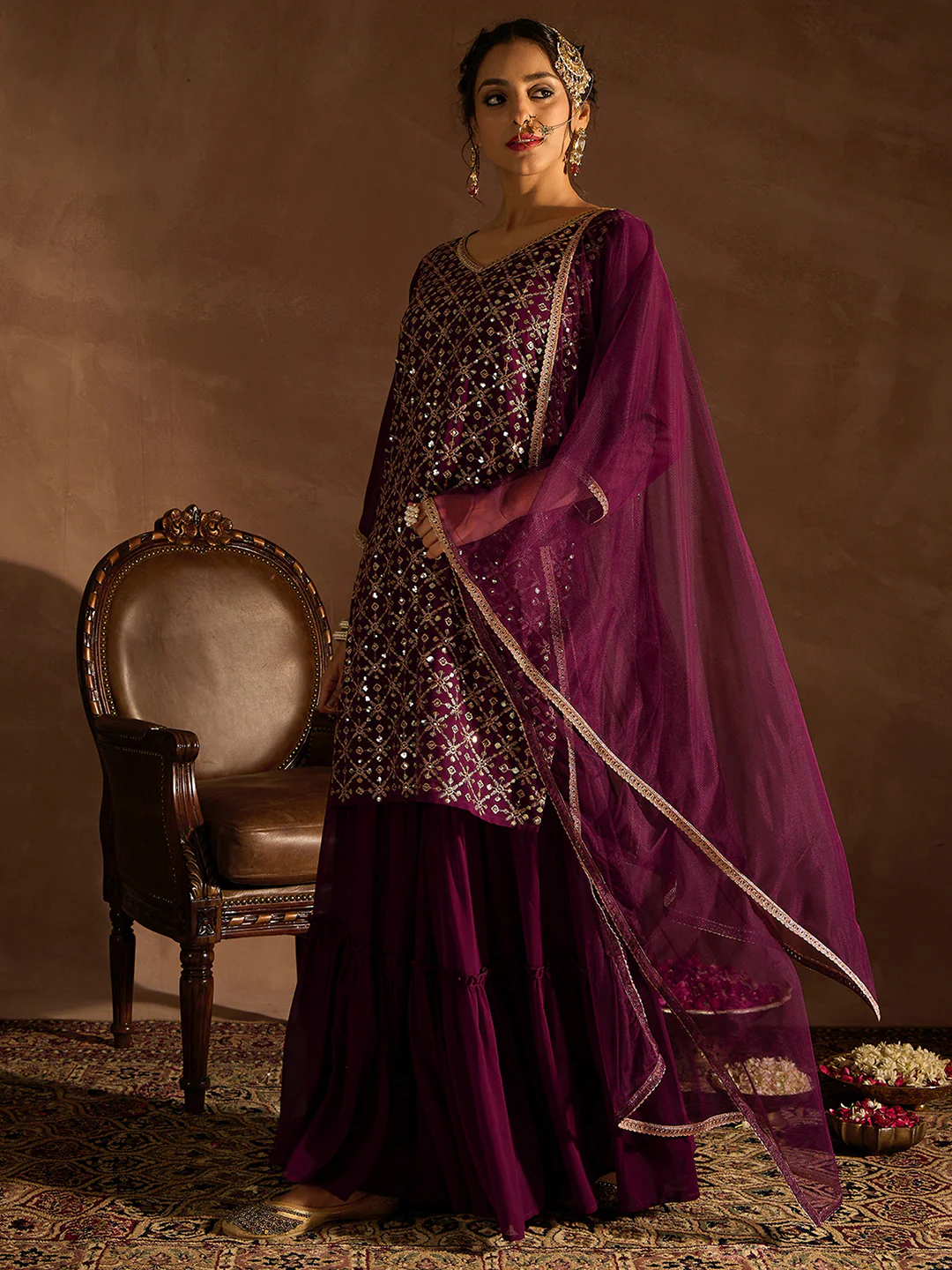 Embroidered Straight Kurta Sharara With Dupatta set