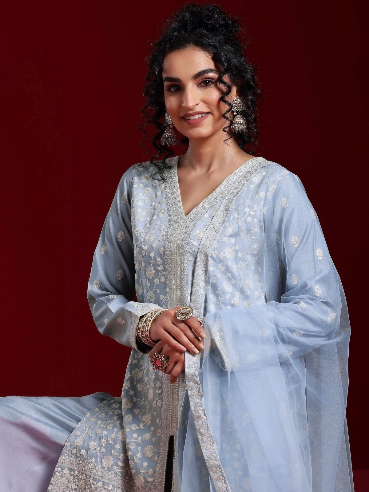 Grey Embroidered Silk Blend Straight Suit With Dupatta