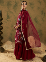 Maroon Embroidered Straight Kurta Sharara With Dupatta set