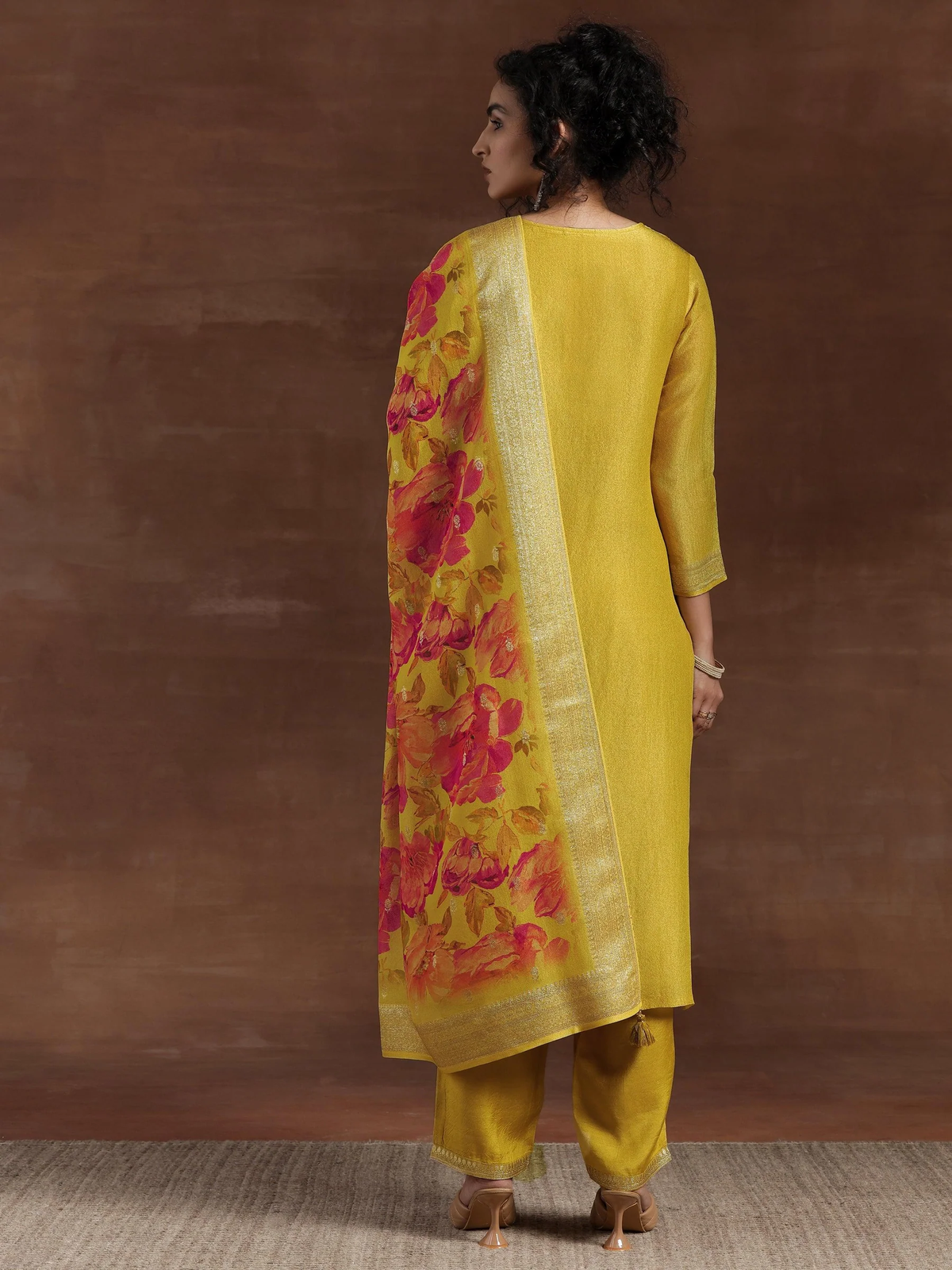 Mustard Woven Design Chanderi Silk Straight Suit With Dupatta