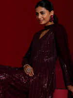 Wine Embroidered Georgette A-Line Kurta With Palazzos & Dupatta