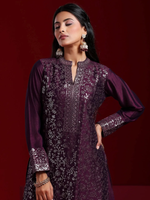 Wine Embroidered Silk Blend Straight Suit With Dupatta