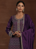 Purple Embroidered Silk Blend Straight Kurta With Palazzos & Dupatta