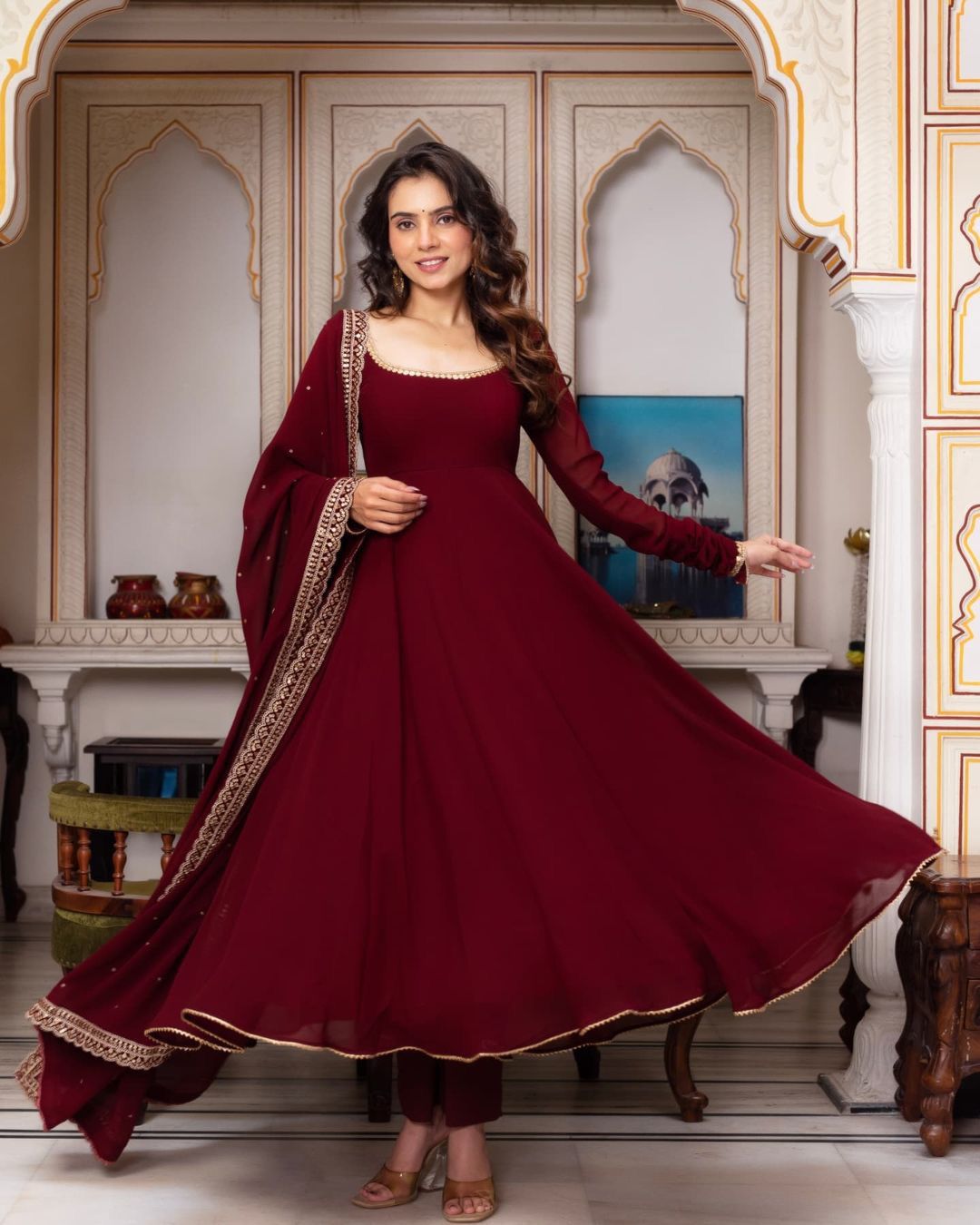 Faux Georgette With Embroidery Work Gown And Dupatta Set Fully Stitched