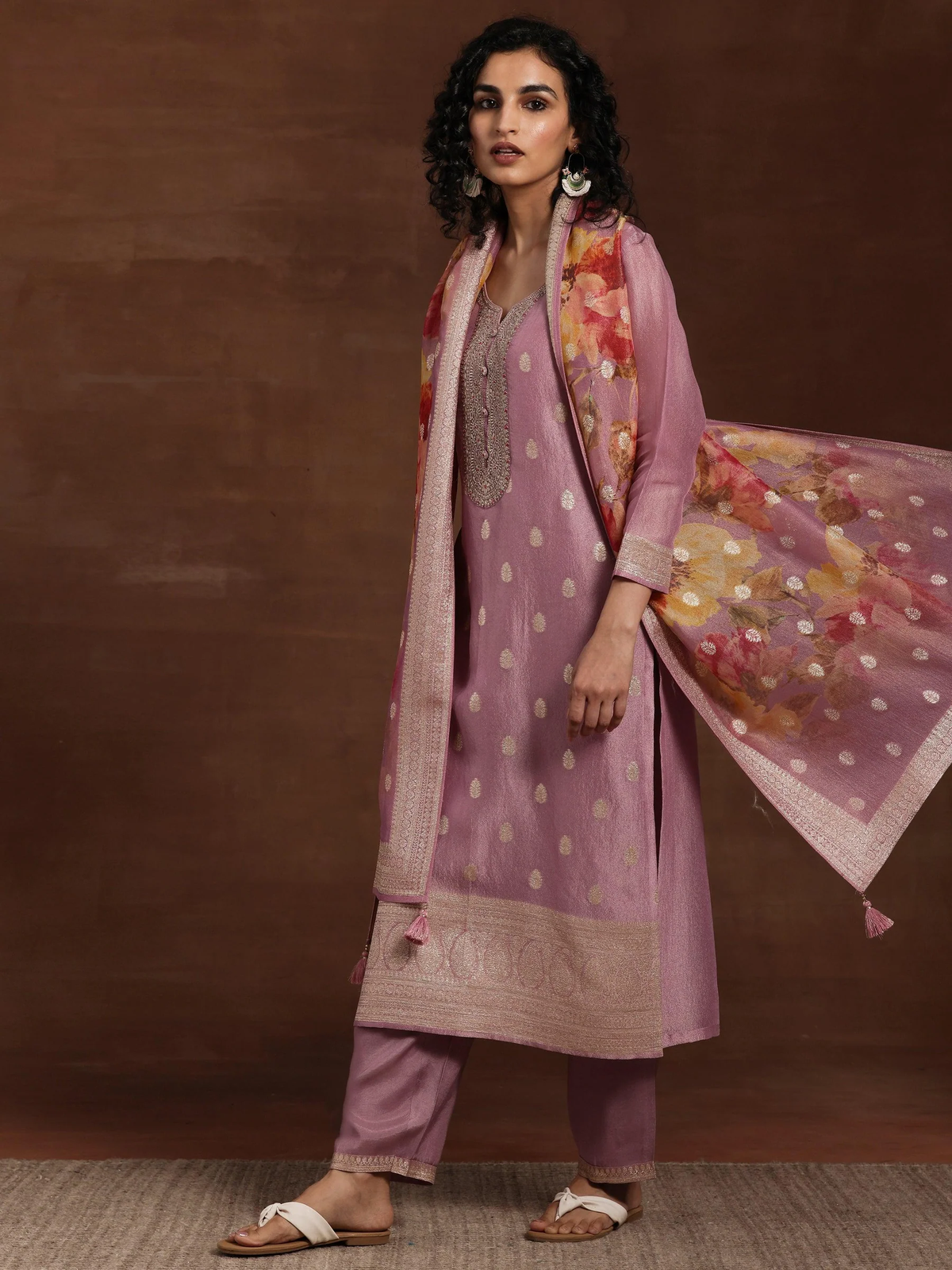 Silk Blend Straight Kurta With Palazzos & Dupatta