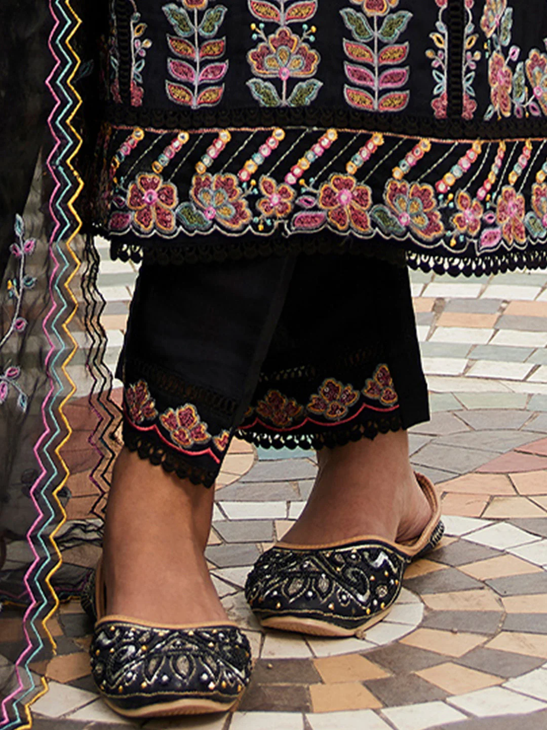 Black Embroidered A-Line Kurta Trousers With Dupatta set