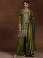 Adaa Olive Embroidered Silk Blend Straight Kurta With Palazzos & Dupatta