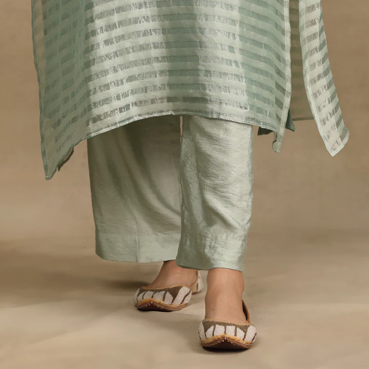 Grey Green Silk Tissue Chanderi Suit Set