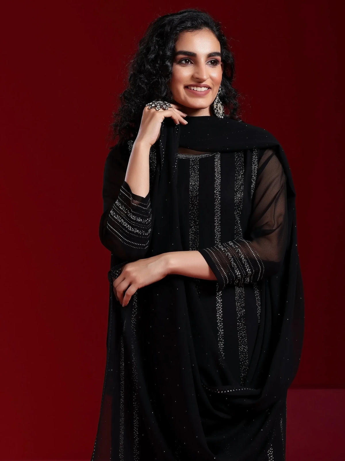 Black Striped Georgette Straight Suit With Dupatta