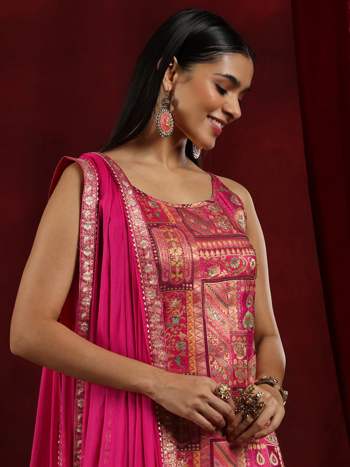 Pink Woven Design Silk Blend Straight Suit With Dupatta