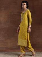 Mustard Woven Design Chanderi Silk Straight Suit With Dupatta