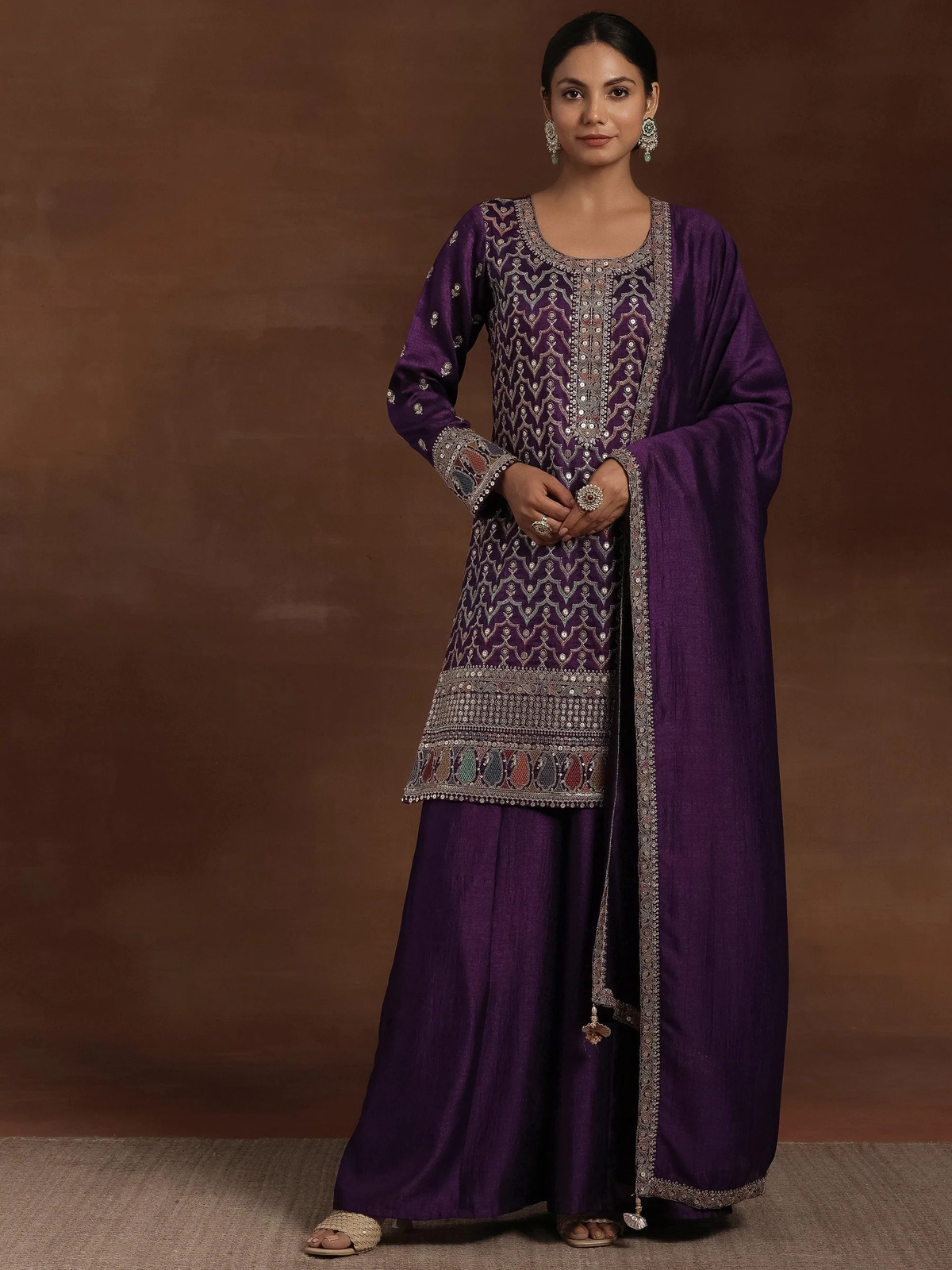 Purple Embroidered Silk Blend Straight Kurta With Palazzos & Dupatta