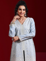 Grey Embroidered Silk Blend Straight Suit With Dupatta