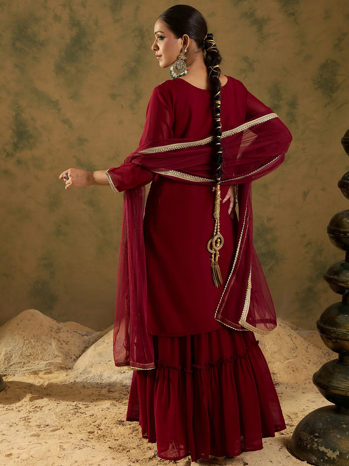 Maroon Embroidered Straight Kurta Sharara With Dupatta set