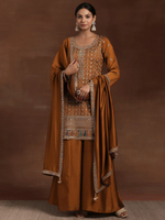 Rust Embroidered Silk Blend Straight Kurta With Palazzos & Dupatta