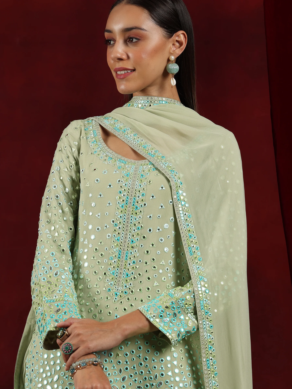 Green Embroidered Georgette Straight Suit With Dupatta