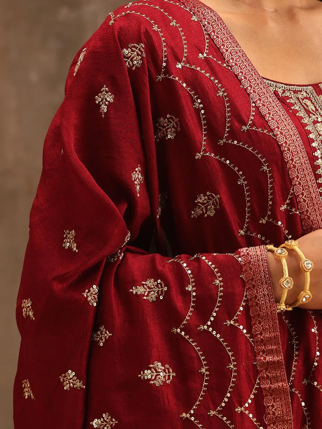 Maroon Embroidered Silk Blend Straight Kurta With Trousers & Dupatta