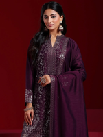 Wine Embroidered Silk Blend Straight Suit With Dupatta