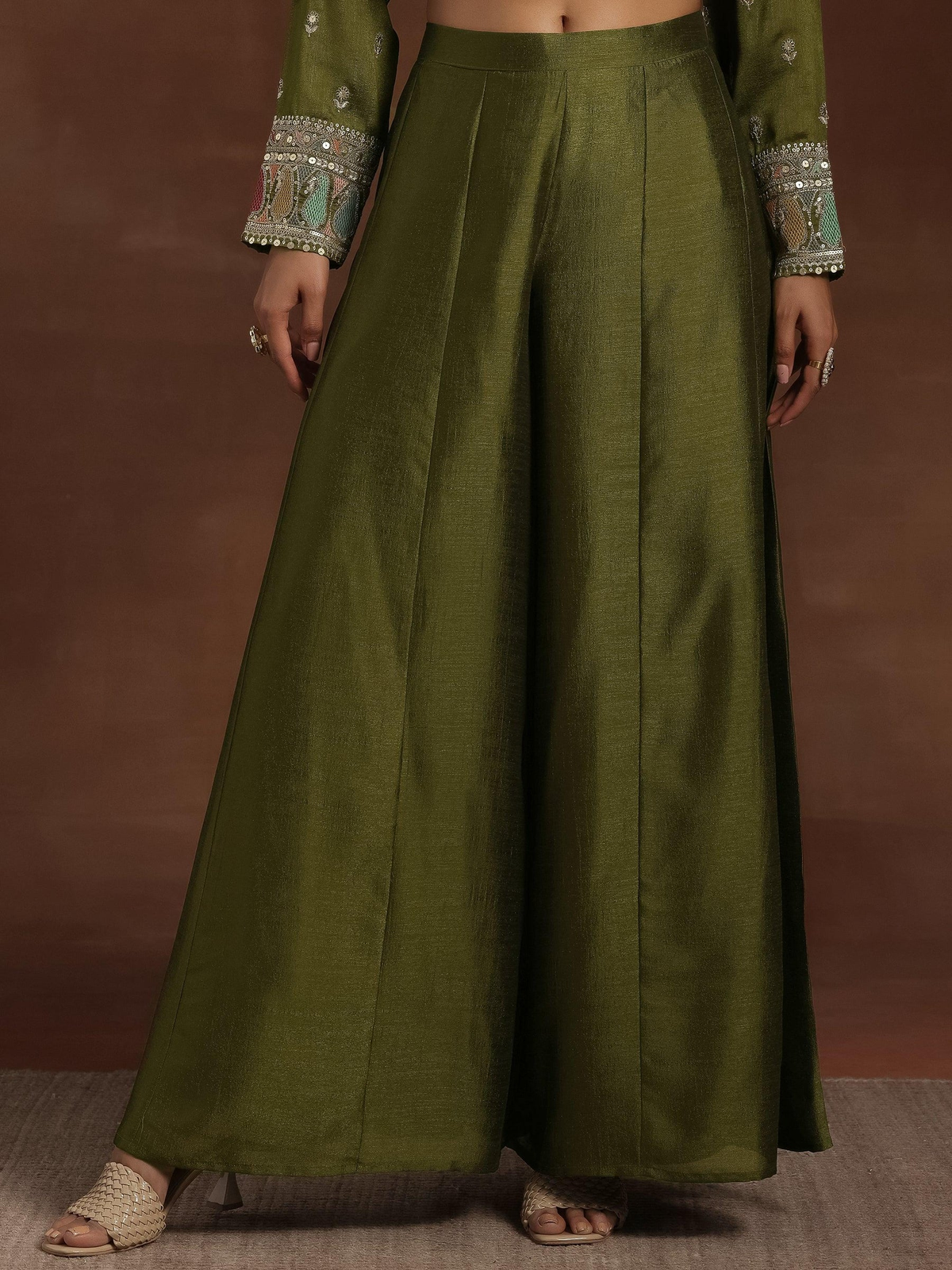 Adaa Olive Embroidered Silk Blend Straight Kurta With Palazzos & Dupatta