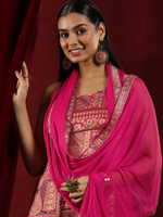 Pink Woven Design Silk Blend Straight Suit With Dupatta