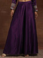 Purple Embroidered Silk Blend Straight Kurta With Palazzos & Dupatta