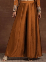 Rust Embroidered Silk Blend Straight Kurta With Palazzos & Dupatta