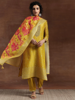 Mustard Woven Design Chanderi Silk Straight Suit With Dupatta