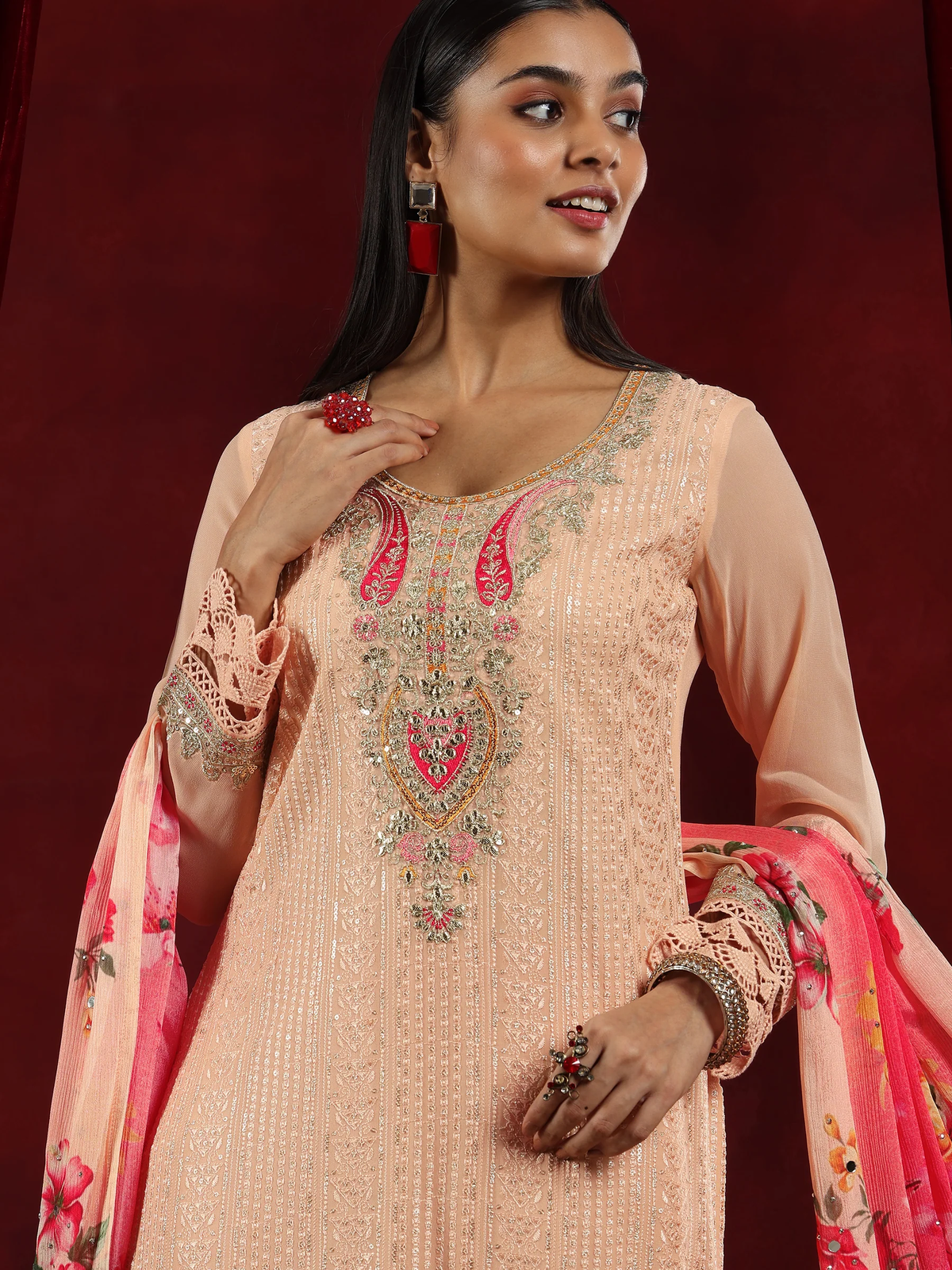 Peach Embroidered Georgette Straight Suit With Dupatta