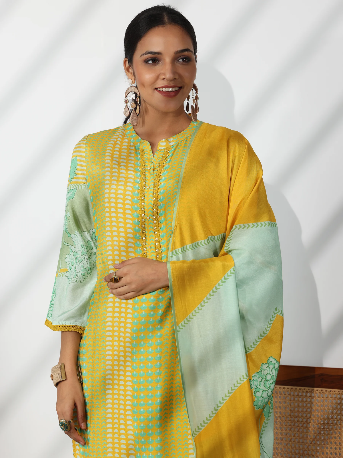 Yellow Printed Cotton Blend Straight Suit With Dupatta