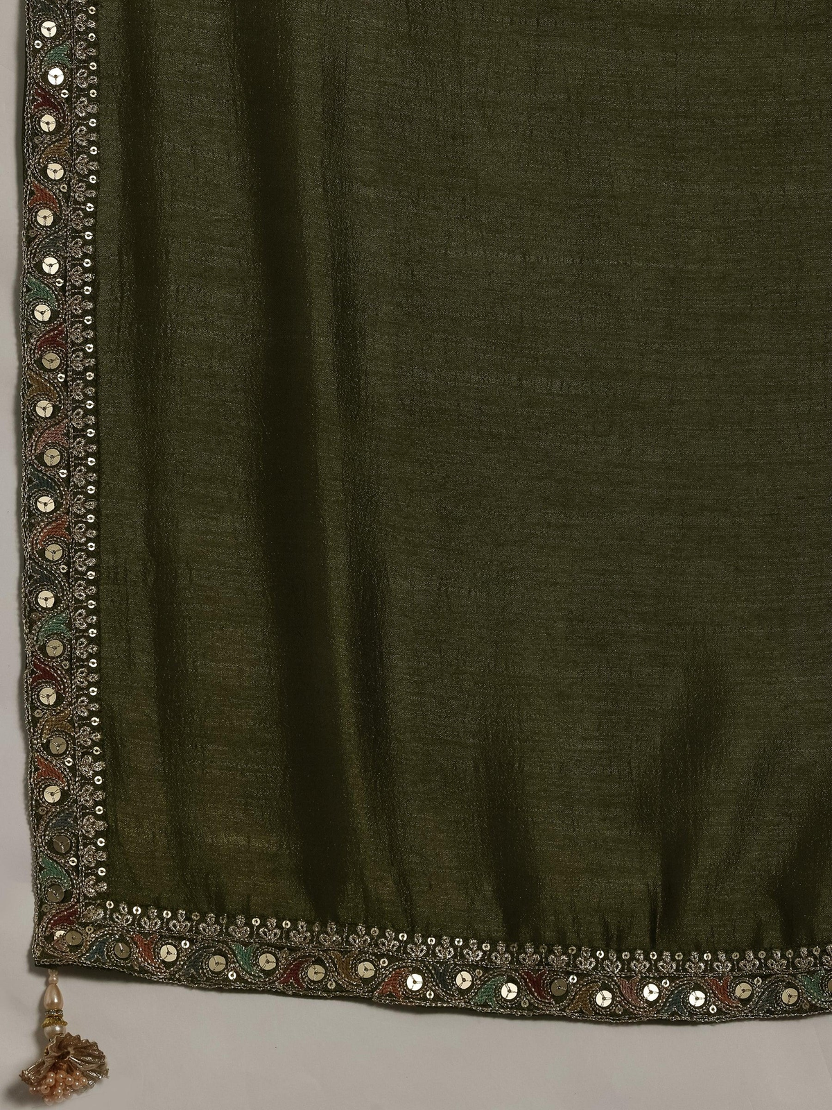 Adaa Olive Embroidered Silk Blend Straight Kurta With Palazzos & Dupatta