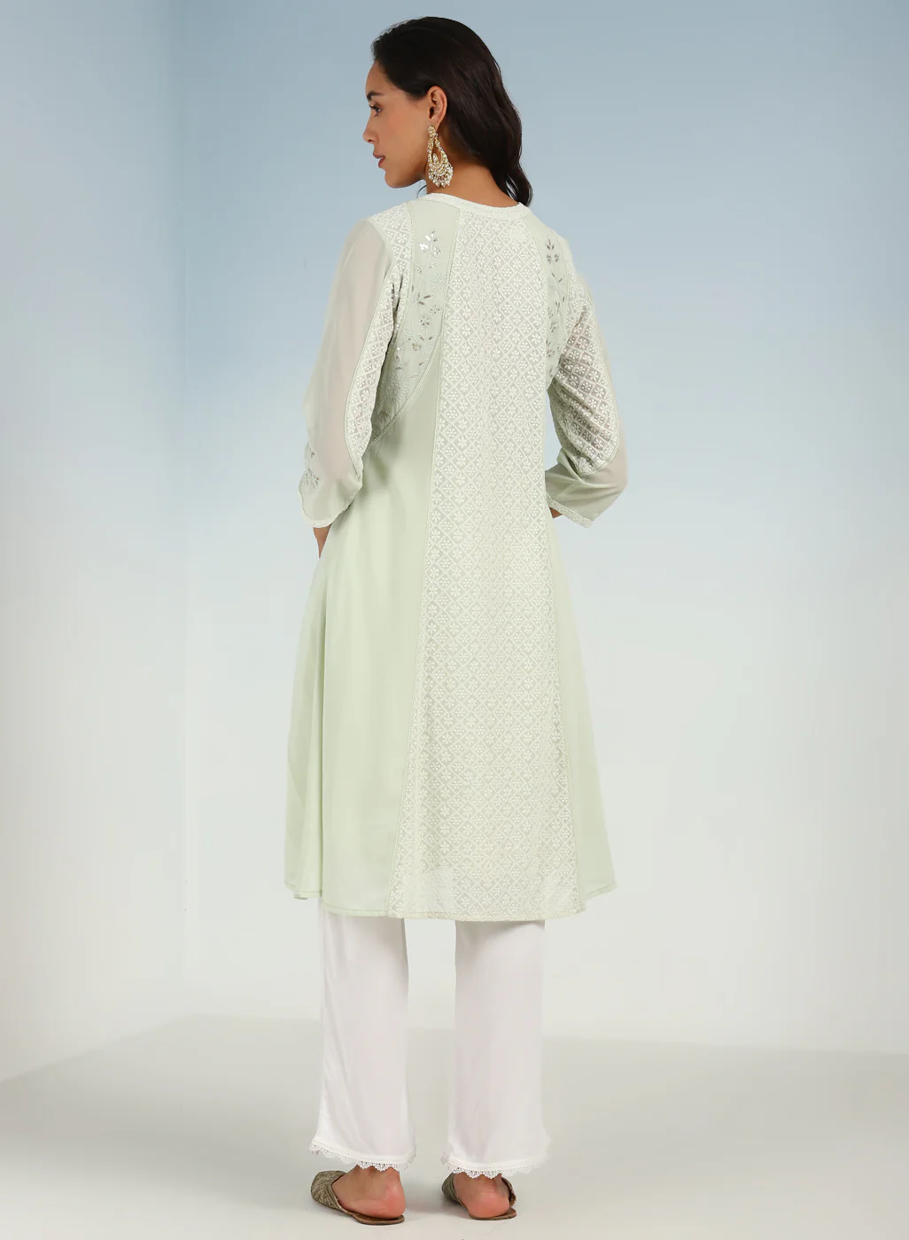 Tea Green Embroidered A-line Kurta for Women