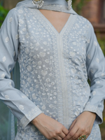 Grey Embroidered Silk Blend Straight Suit With Dupatta