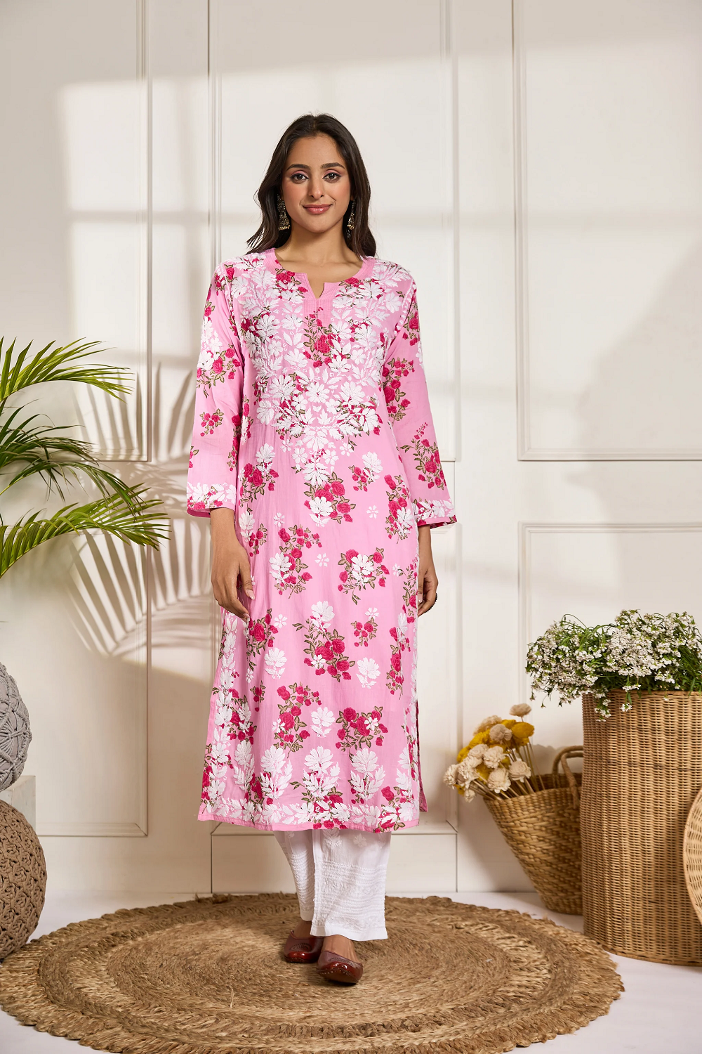 Chikankari Kurta in Mul cotton in Hot Pink