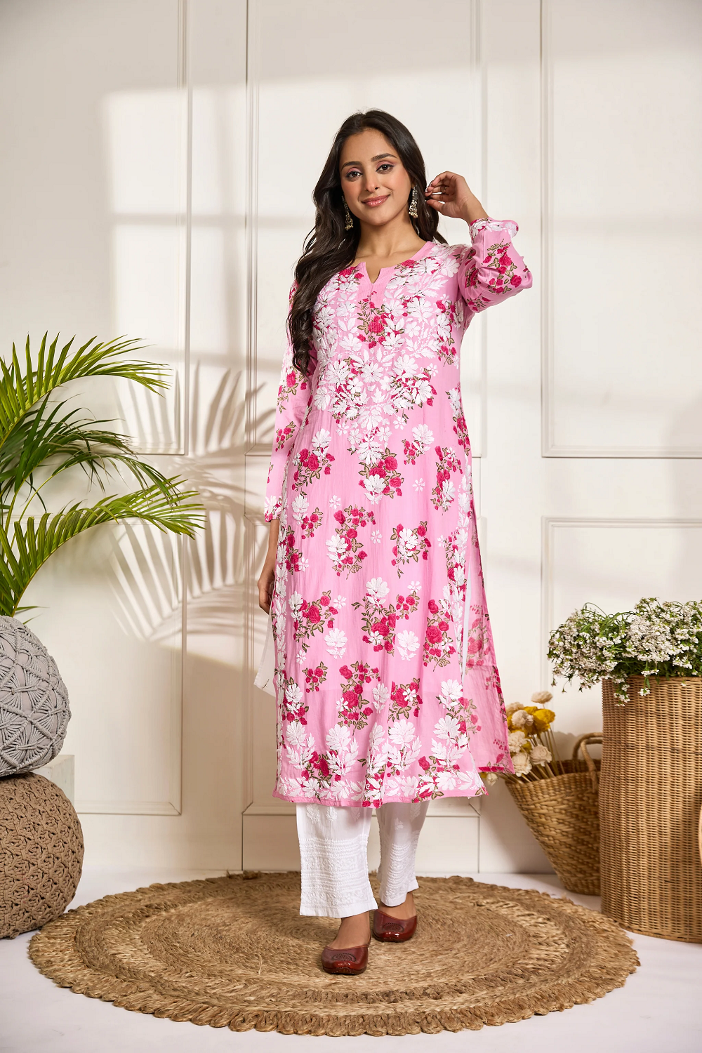 Chikankari Kurta in Mul cotton in Hot Pink