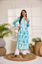 Chikankari Kurta Set in Mul cotton in Aqua Blue