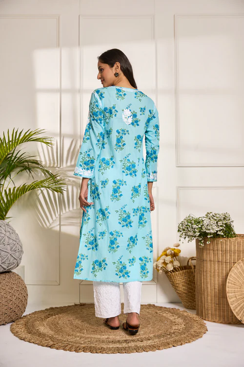 Chikankari Kurta Set in Mul cotton in Aqua Blue