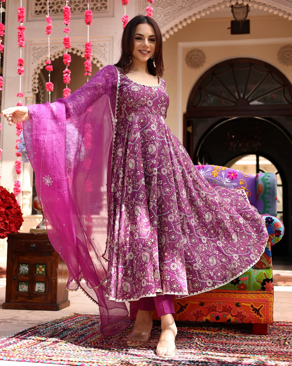 FLORAL LAVENDER HUES PRINTED CHANDERI SUIT SET