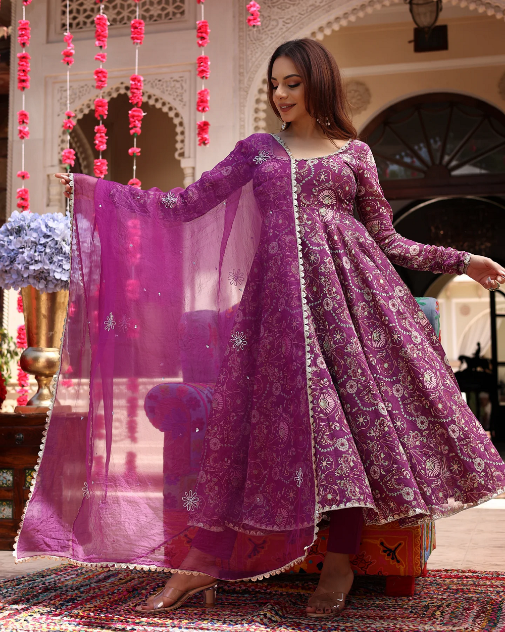 FLORAL LAVENDER HUES PRINTED CHANDERI SUIT SET