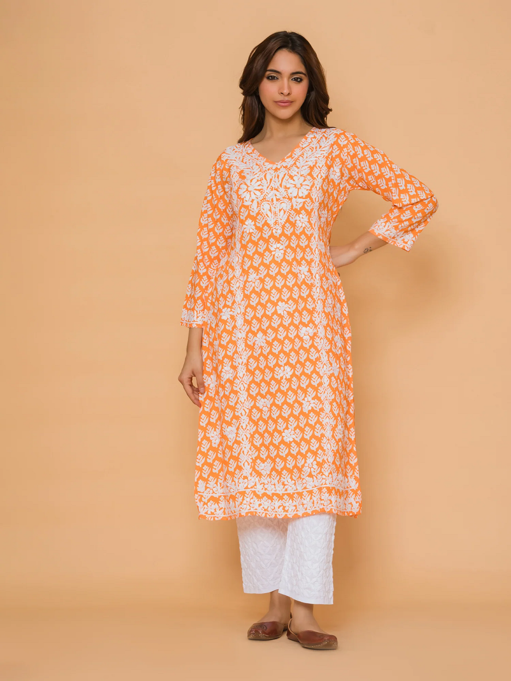 Chikankari Kurta in Muslin - Orange