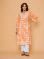 Chikankari Kurta in Muslin - Orange