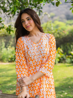 Chikankari Kurta in Muslin - Orange