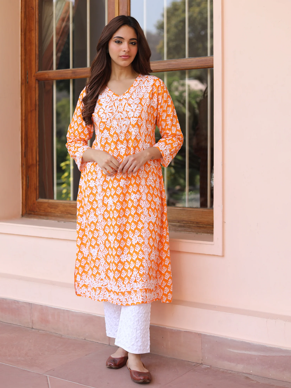 Chikankari Kurta in Muslin - Orange